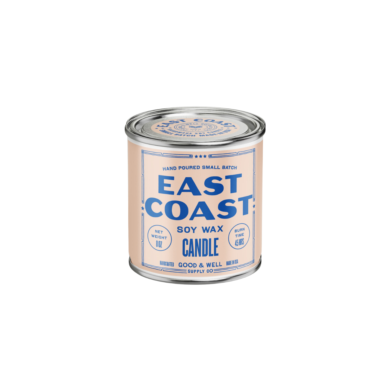 East Coast Soy Candle from Good & Well Supply Co. in a glass jar, with a lit wick and soft glow, perfect for home ambiance.
