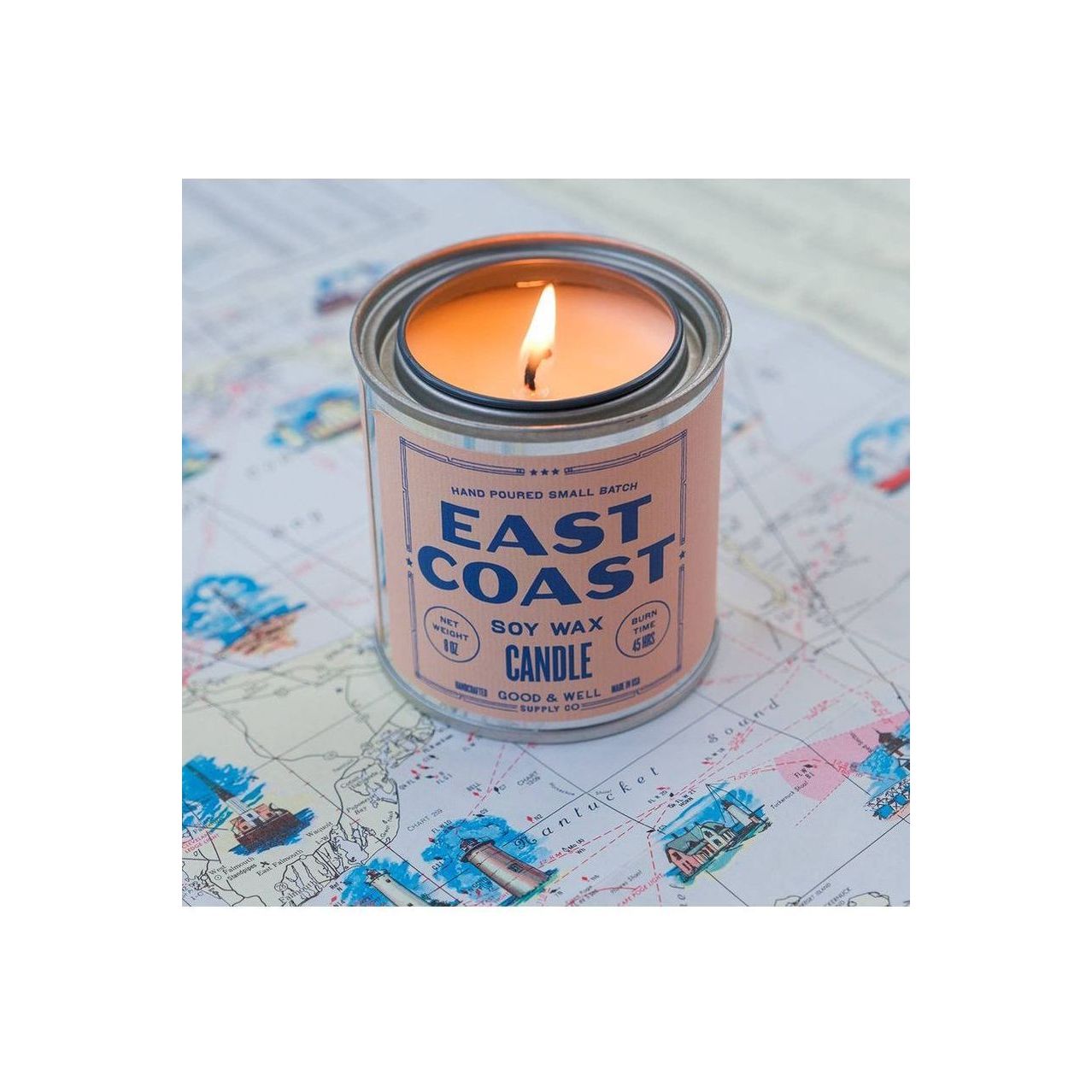 East Coast Soy Candle by Good & Well Supply Co. in a glass jar, showcasing its natural soy wax and soothing flame.