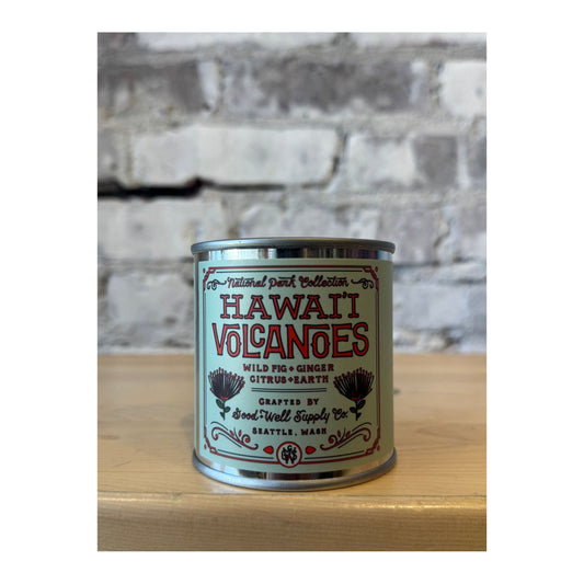 Hawai'i Volcanoes National Park 1/2 Pint Candle by Good & Well Supply Co., showing a volcanic landscape scene on the candle.