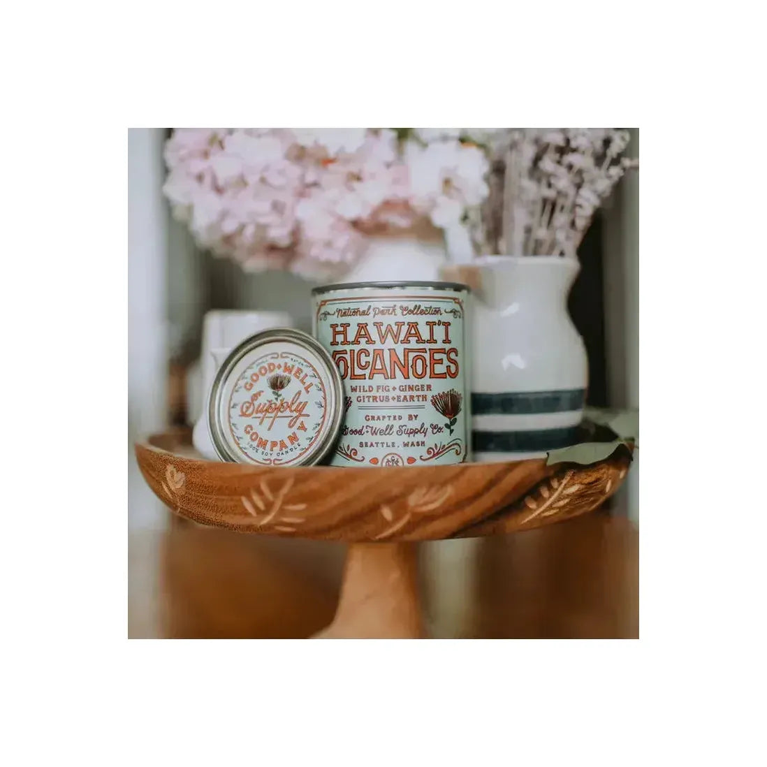 Hawai'i Volcanoes National Park pint candle by Good & Well Supply Co. featuring a scenic volcano landscape design.