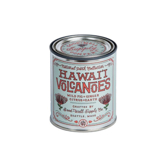 Hawai'i Volcanoes National Park pint candle by Good & Well Supply Co. featuring volcanic landscape artwork on a ceramic candle holder