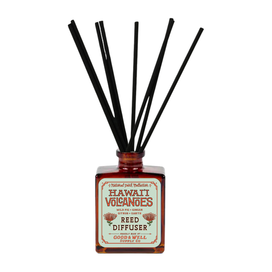 Hawai'i Volcanoes National Park Reed Diffuser by Good & Well Supply Co. with natural wood and botanical fragrance in a glass bottle