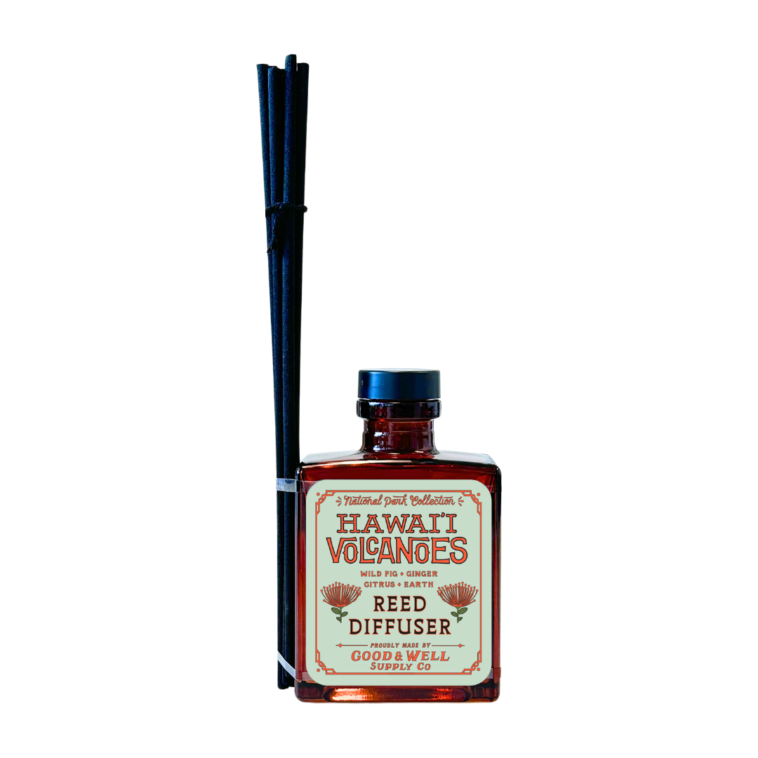Hawai'i Volcanoes National Park reed diffuser by Good & Well Supply Co. for home accessories, with black and amber glass bottle and reeds