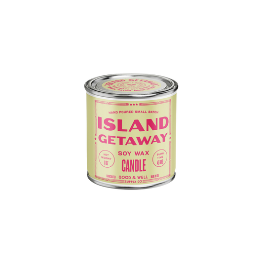 Soy candle from Good & Well Supply Co. featuring a cozy island getaway scent, in a stylish glass container.