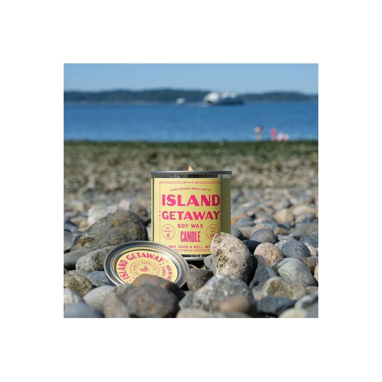 Scented Island Getaway soy candle by Good & Well Supply Co. in a glass jar, perfect for home decor and creating a relaxing ambiance.