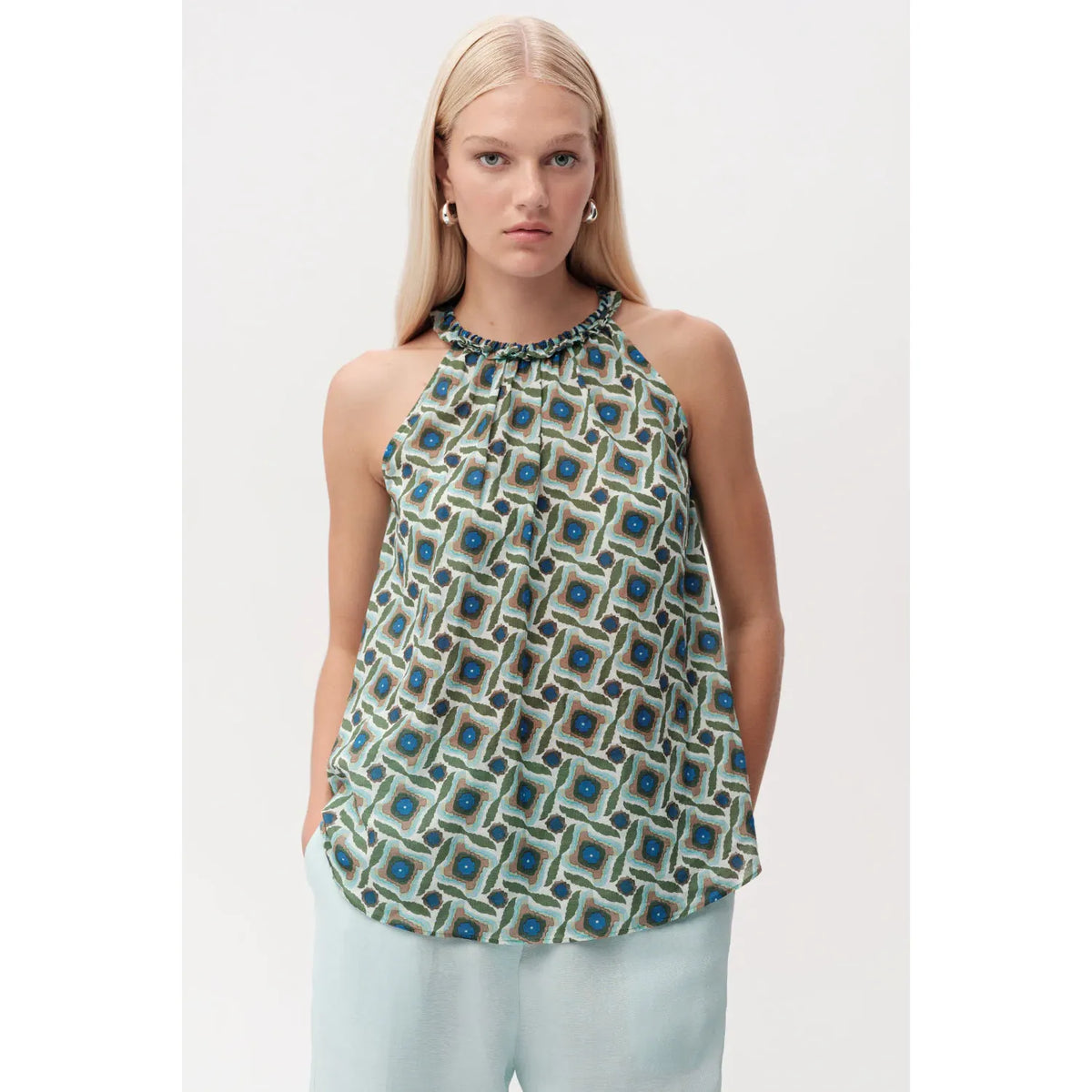 Exquise women's Grant halter neck sleeveless blouse in multi-color, stylish and lightweight for casual or dressy occasions.