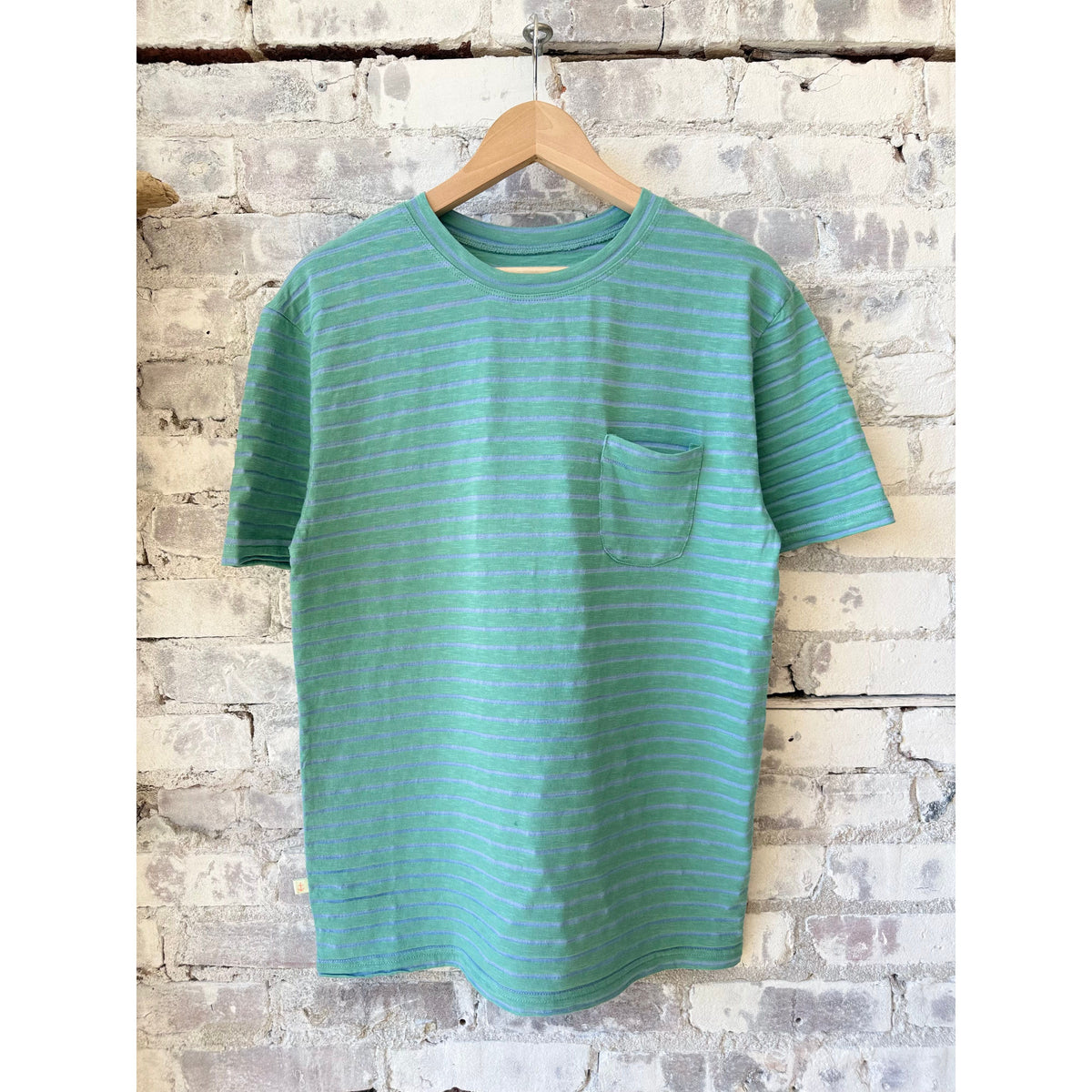 Men's Guerreiro T-Shirt by La Paz with green and indigo stripe pattern, made from soft fabric, casual fit, stylish and comfortable.