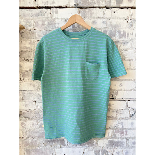Men's La Paz Guerreiro T-Shirt with green and indigo stripes, casual short-sleeve shirt showcasing bold stripe pattern.