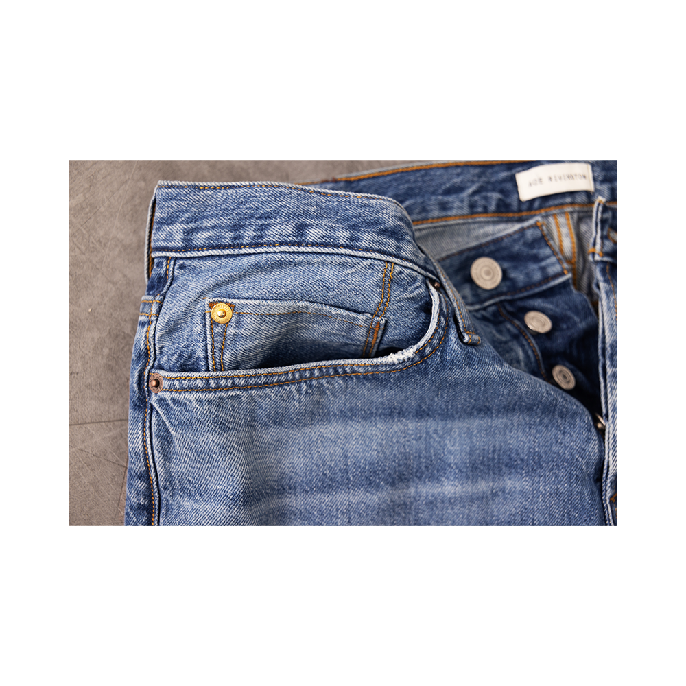 Men's Ace Rivington Harlan Straight Archive Selvedge 12oz jeans in Carpenter Wash with visible stitching and classic denim texture.