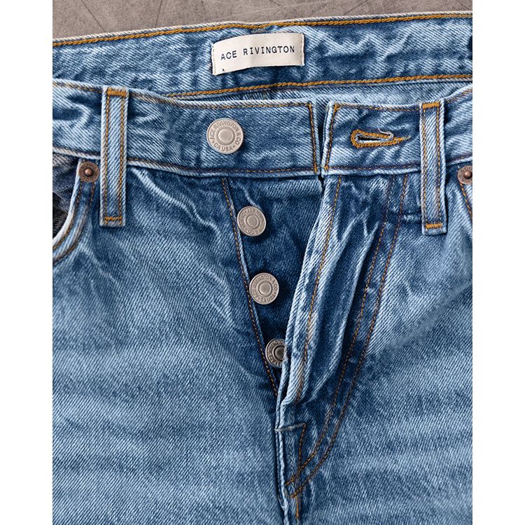 Men's Ace Rivington Harlan Straight Archive Selvedge 12oz jeans with Decade Wash, showcasing classic denim texture and fade details.