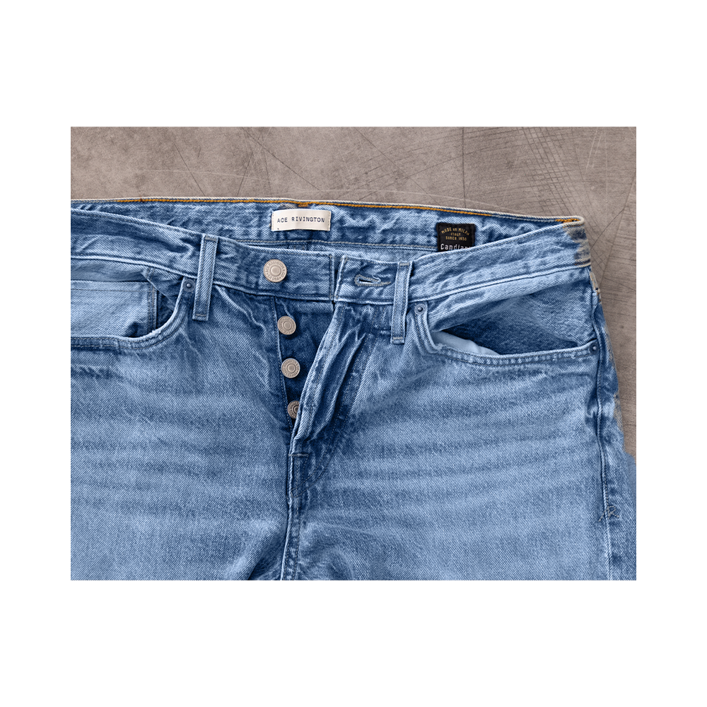 Men's Ace Rivington Harlan Straight Archive Selvedge 12oz jeans in Decade Wash with classic straight fit and detailed stitching.