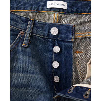 Men's Ace Rivington Harlan Straight Archive Selvedge 12oz jeans with mechanic wash finish, displayed on a hanger.