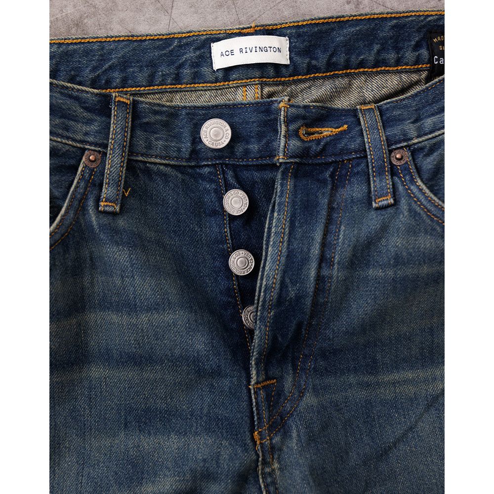 Men's Harlan Straight Archive Selvedge 12oz jeans in Mechanic Wash by Ace Rivington, showing the front view with detailed stitching.