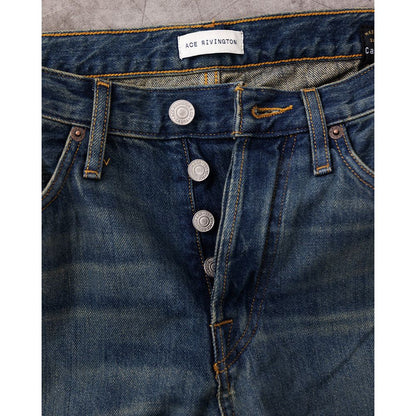 Men's Harlan Straight Archive Selvedge 12oz jeans in Mechanic Wash by Ace Rivington, showing the front view with detailed stitching.