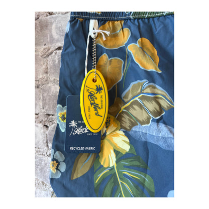 Men's navy swim trunks with hibiscus print made from recycled nylon by Hartford Men's, featuring a comfortable fit and vibrant floral design.
