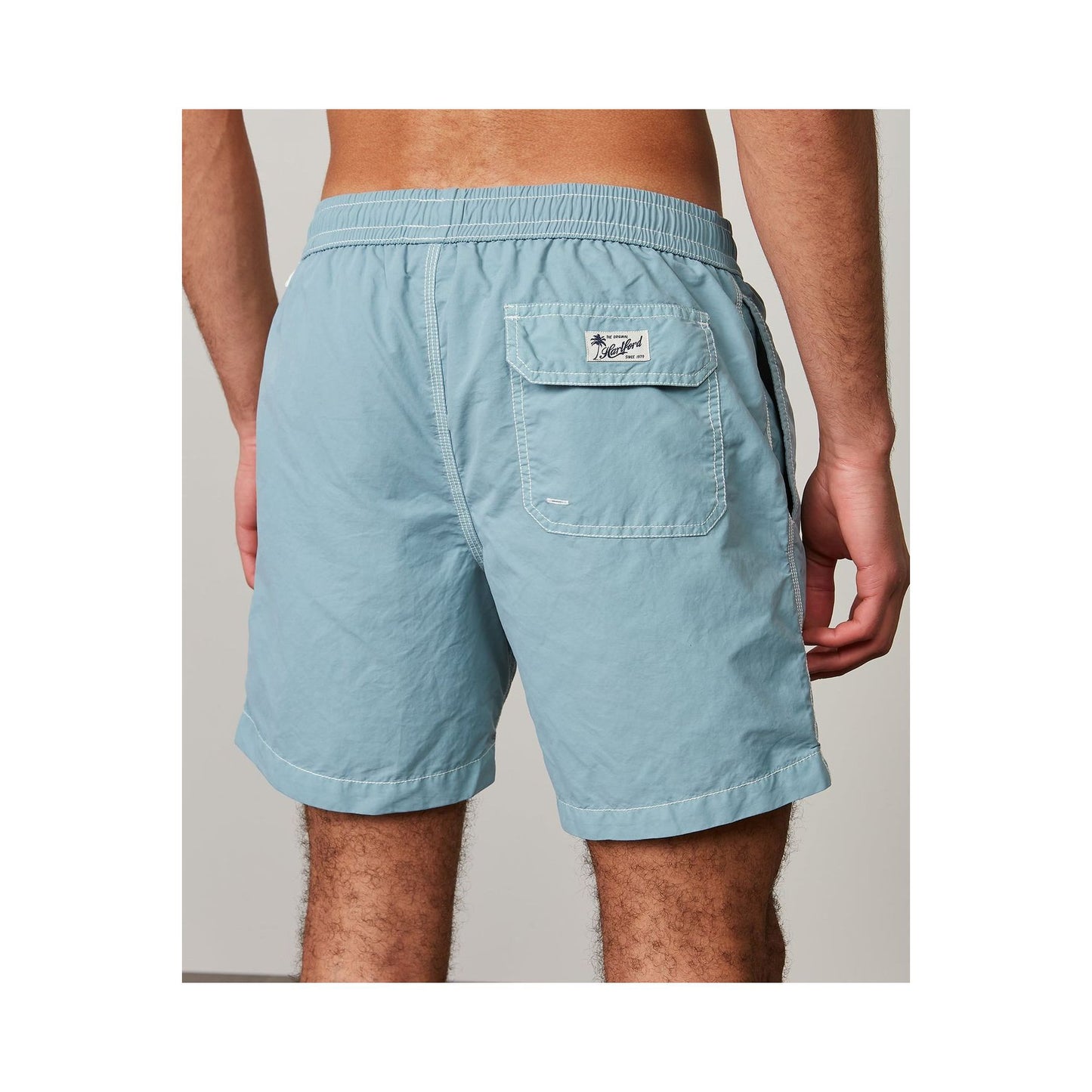 Men's classic swim shorts in grey green by Hartford Men's, featuring a relaxed fit and adjustable waistband.