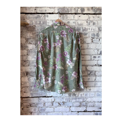 Hartford Men's Paul Hawaiian print cotton shirt in army green, featuring a vibrant floral Hawaiian design.