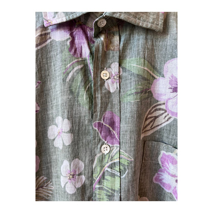 Men's Hartford Hawaiian print cotton shirt in army green featuring tropical floral design, casual summer style.