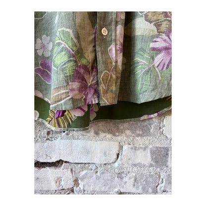 Men's Hartford Hawaiian print cotton shirt in army green, featuring a vibrant tropical floral pattern.