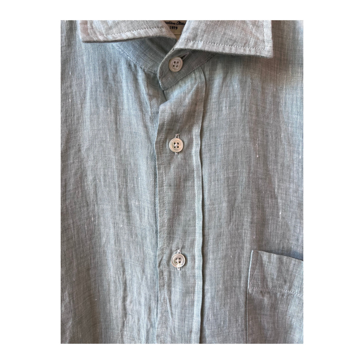 Men's Paul Linen Chambray Shirt by Hartford Men's in green, showing the button-up collar and casual fit.