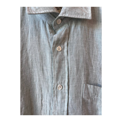 Men's Paul Linen Chambray Shirt by Hartford Men's in green, showing the button-up collar and casual fit.