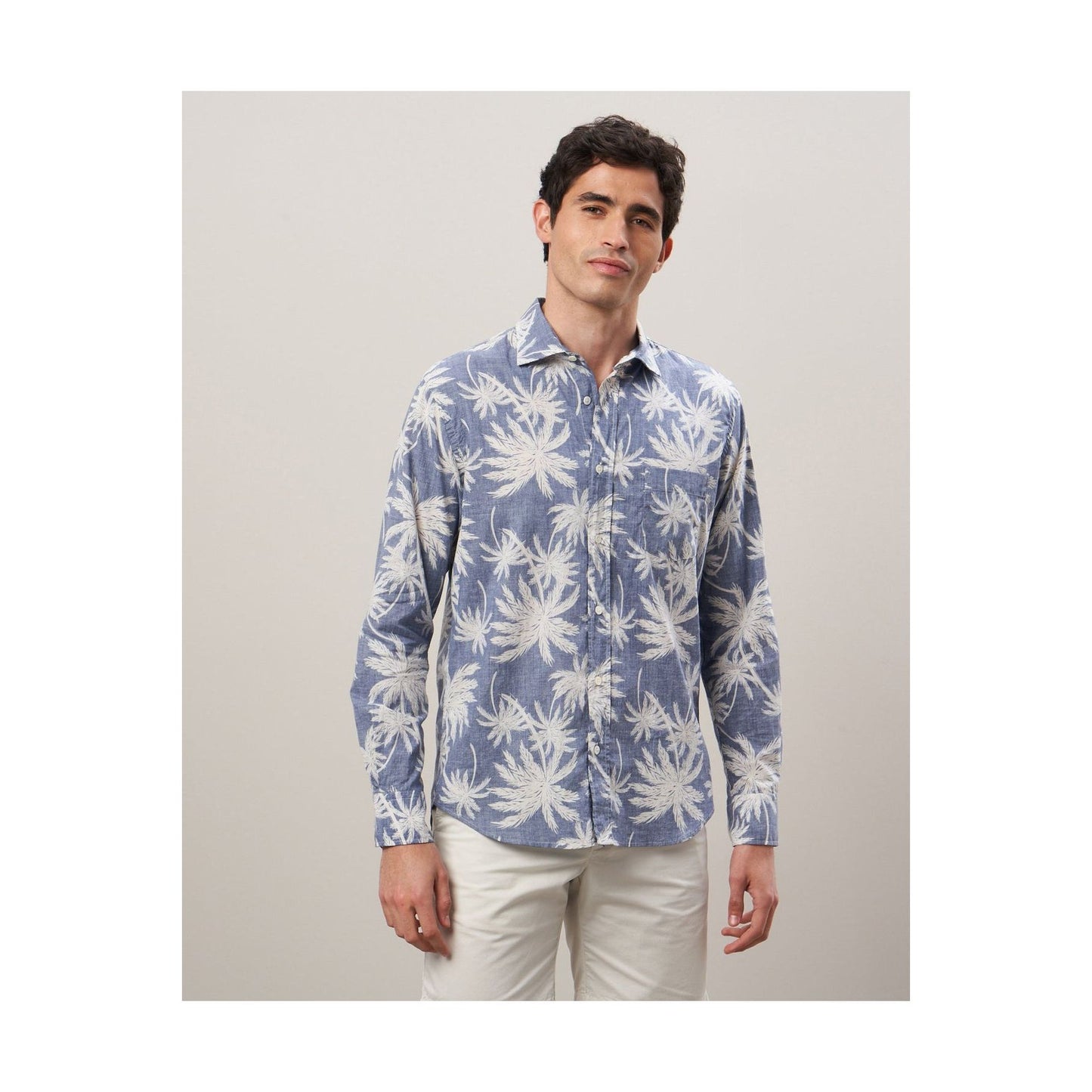 Men's navy cotton shirt with palm tree print by Hartford Men's, featuring a casual fit and tropical-inspired design.