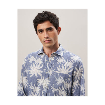Men's navy cotton shirt with Paul palm tree print from Hartford Men's, featuring a relaxed fit and stylish tropical design.