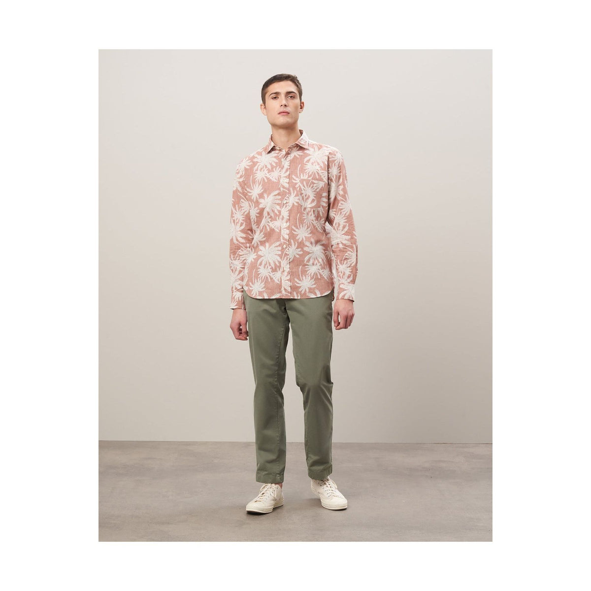 Men's rust cotton shirt with palm tree print by Hartford Men's, featuring a casual fit and tropical-inspired design.