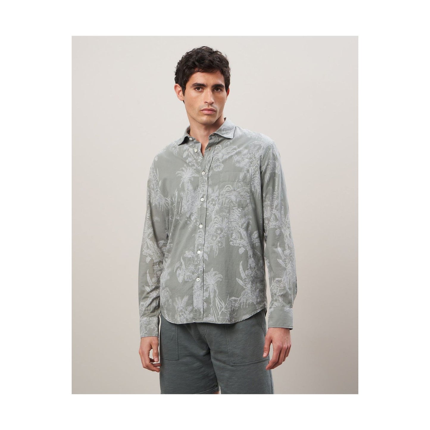 Men's olive cotton shirt with palm tree print by Hartford Men's, featuring a casual design and relaxed fit.