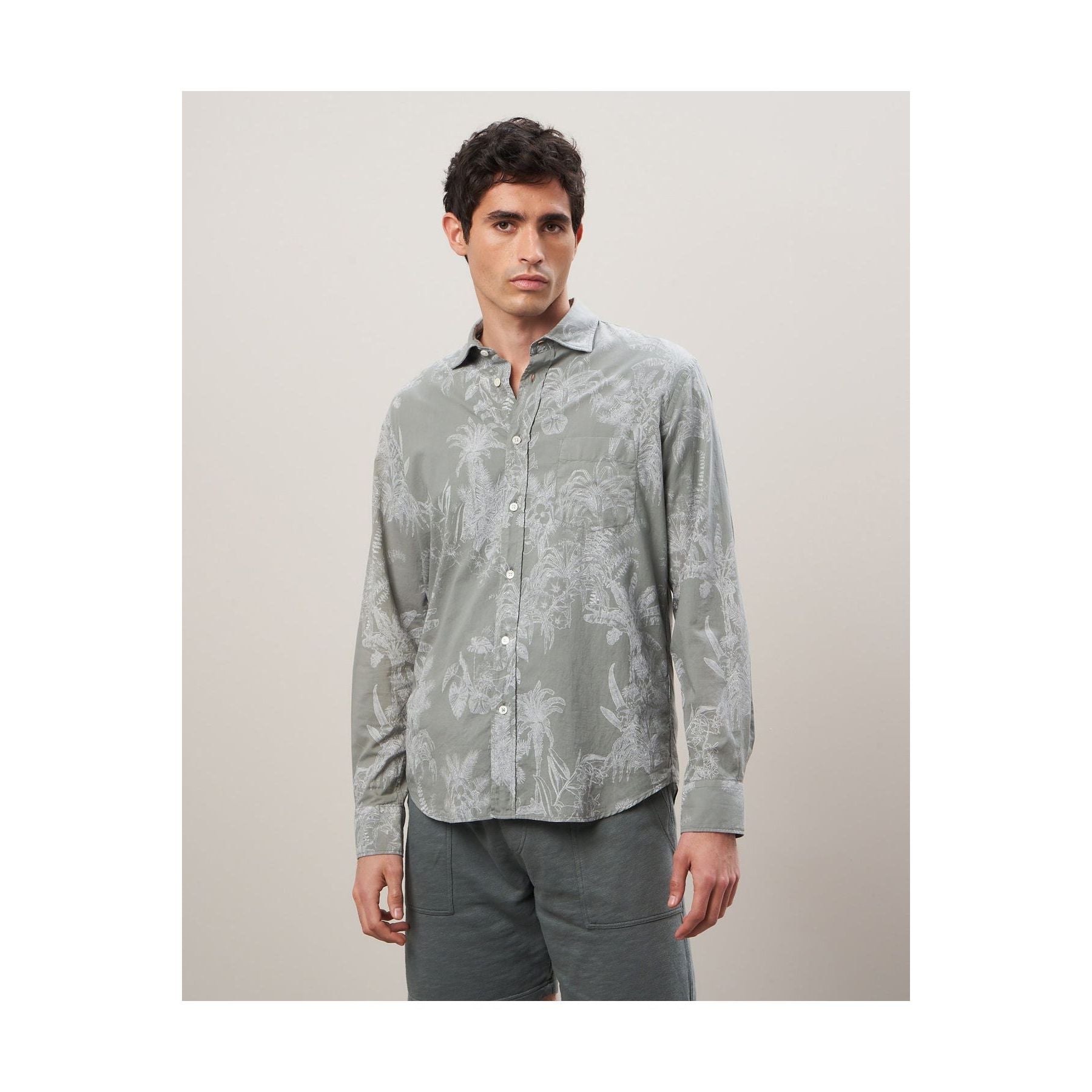 Men's olive cotton shirt with palm tree print by Hartford Men's, featuring a casual design and relaxed fit.