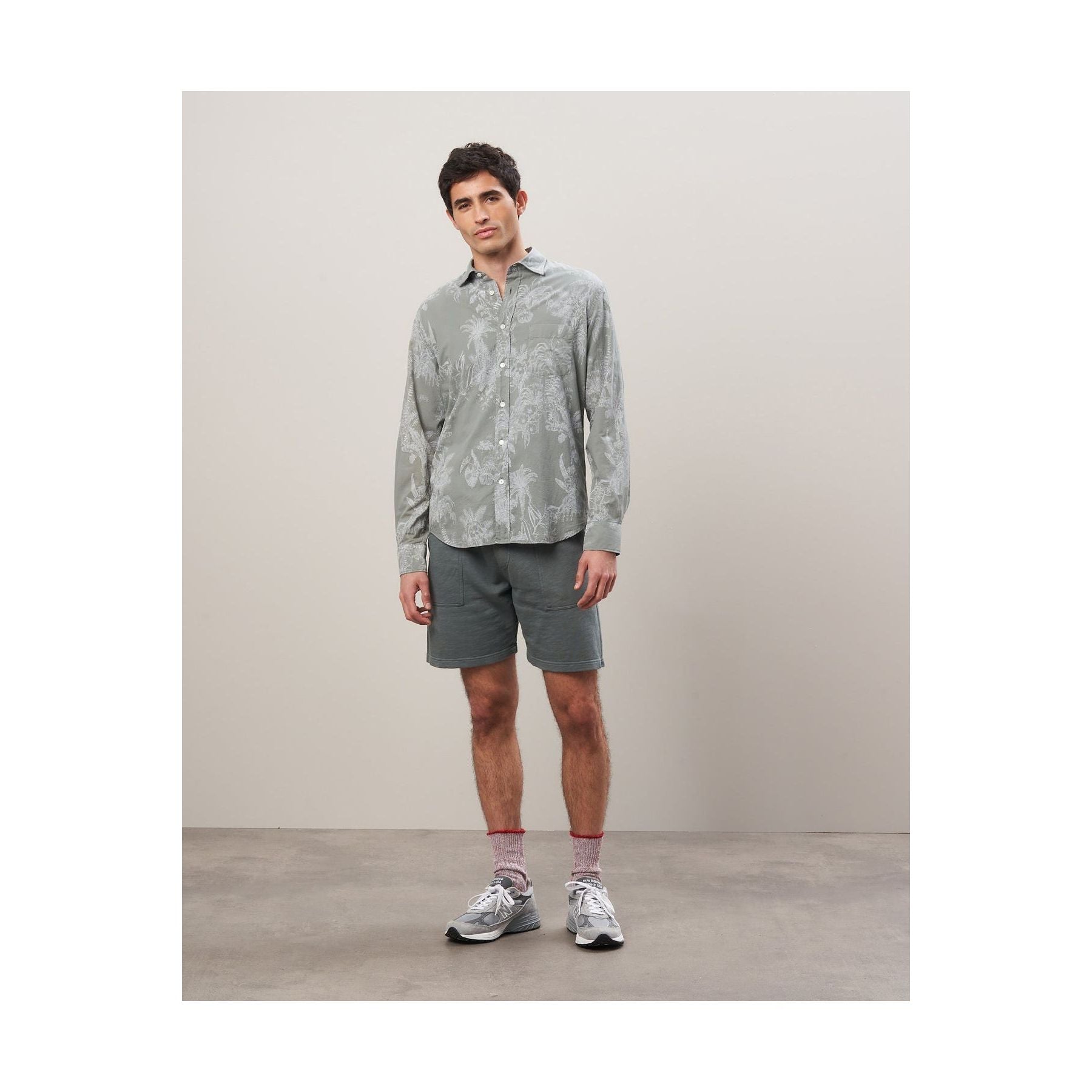 Men's olive cotton shirt with palm tree print by Hartford Men's, featuring a casual, tropical-inspired design.