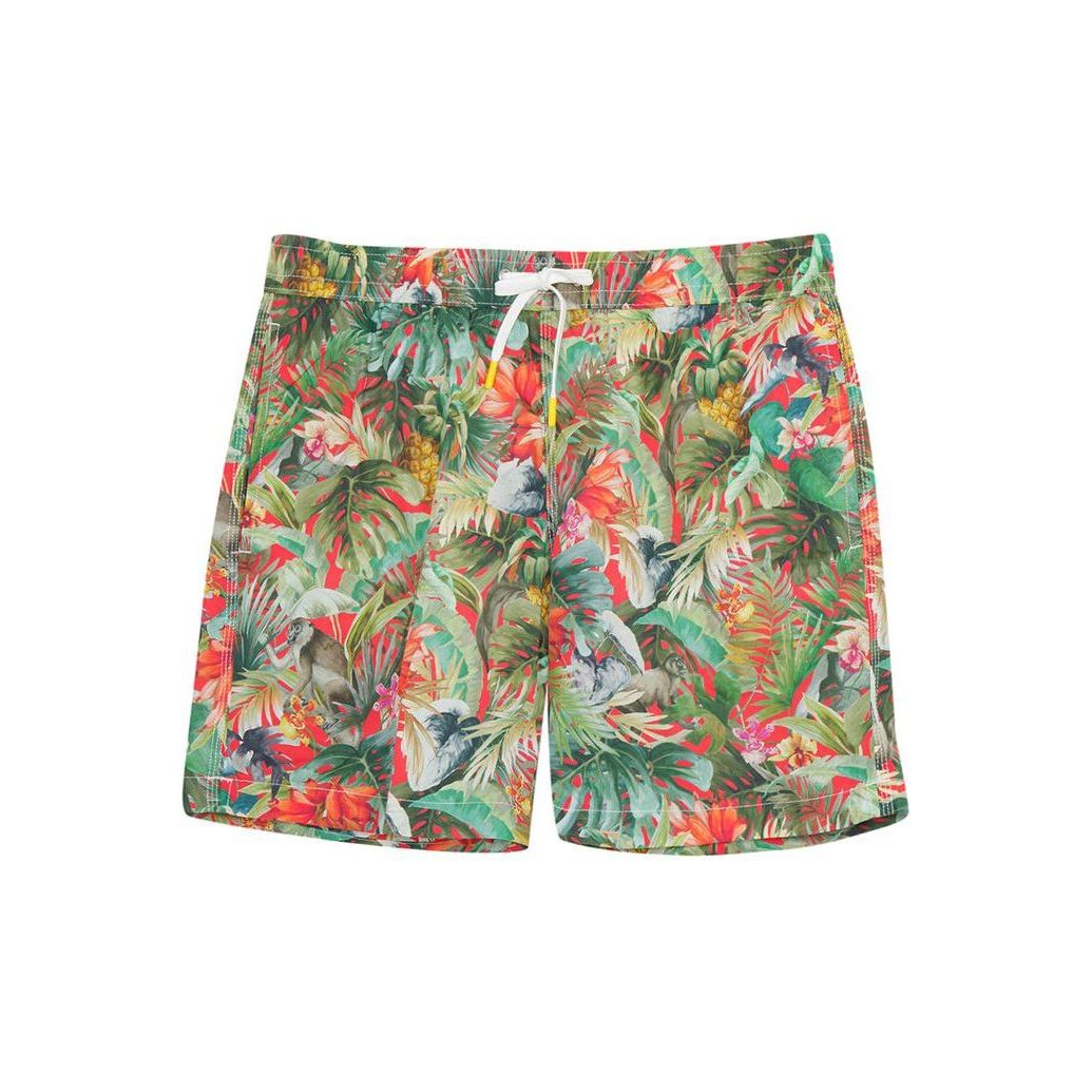 Men's printed swim shorts in jungle red by Hartford Men's, featuring a vibrant jungle pattern and lightweight fabric.