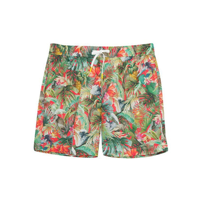 Men's printed swim shorts in jungle red by Hartford Men's, featuring a vibrant jungle pattern and lightweight fabric.