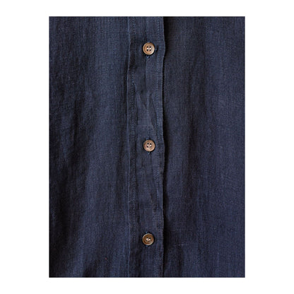 Navy women's Coraz Linen Shirt by Hartford Women's with button-up front and long sleeves, hanging on a hanger.