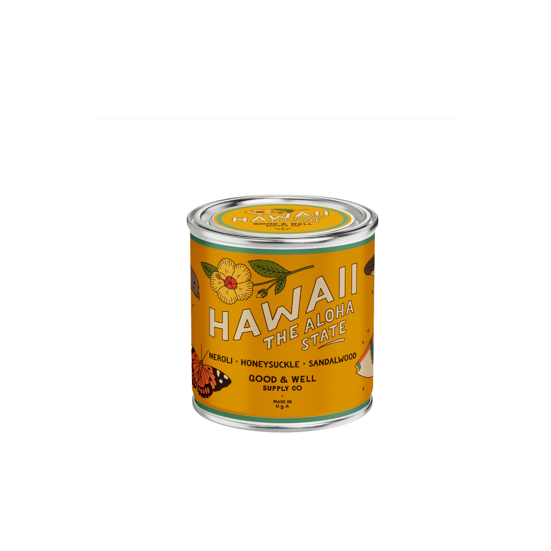 Hawaii State Soy Candle by Good & Well Supply Co., home accessory with a decorative candle featuring Hawaii motif on a wooden surface