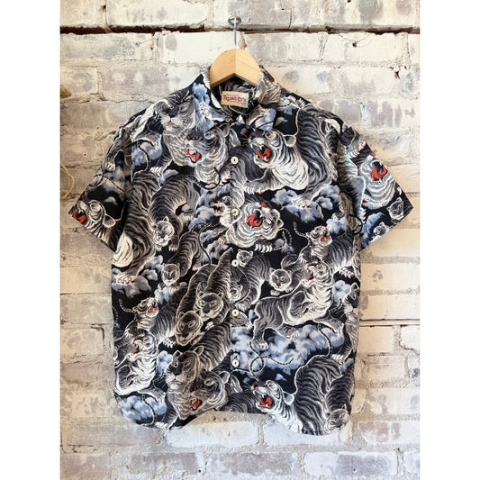 Men's Hawaiian Tiger Shirt in black by Freenote Cloth, featuring bold tiger print and relaxed fit, perfect for casual summer wear.