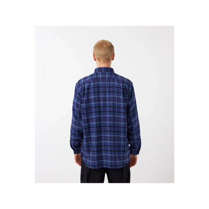 Men's heavy flannel shirt in beige and gray plaid by nanamica, featuring a classic button-up design and soft fabric.