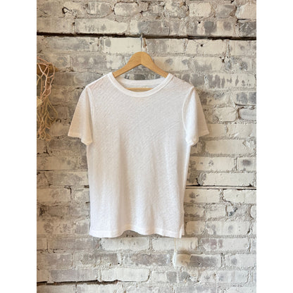 Women's white Hemp Pique SS Crew shirt by V::ROOM, showing the short sleeve, crew neck design in a close-up view