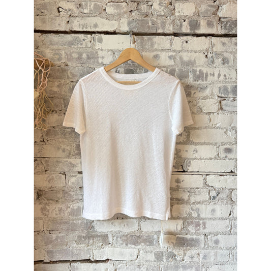 Women's white Hemp Pique SS Crew shirt by V::ROOM, showing the short sleeve, crew neck design in a close-up view