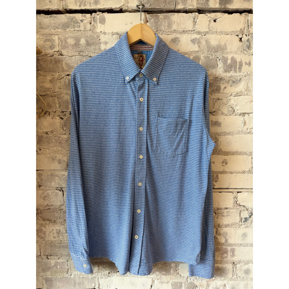Men's hemp stripe button-down shirt by Relwen in marine and white, featuring a classic collar and button front.