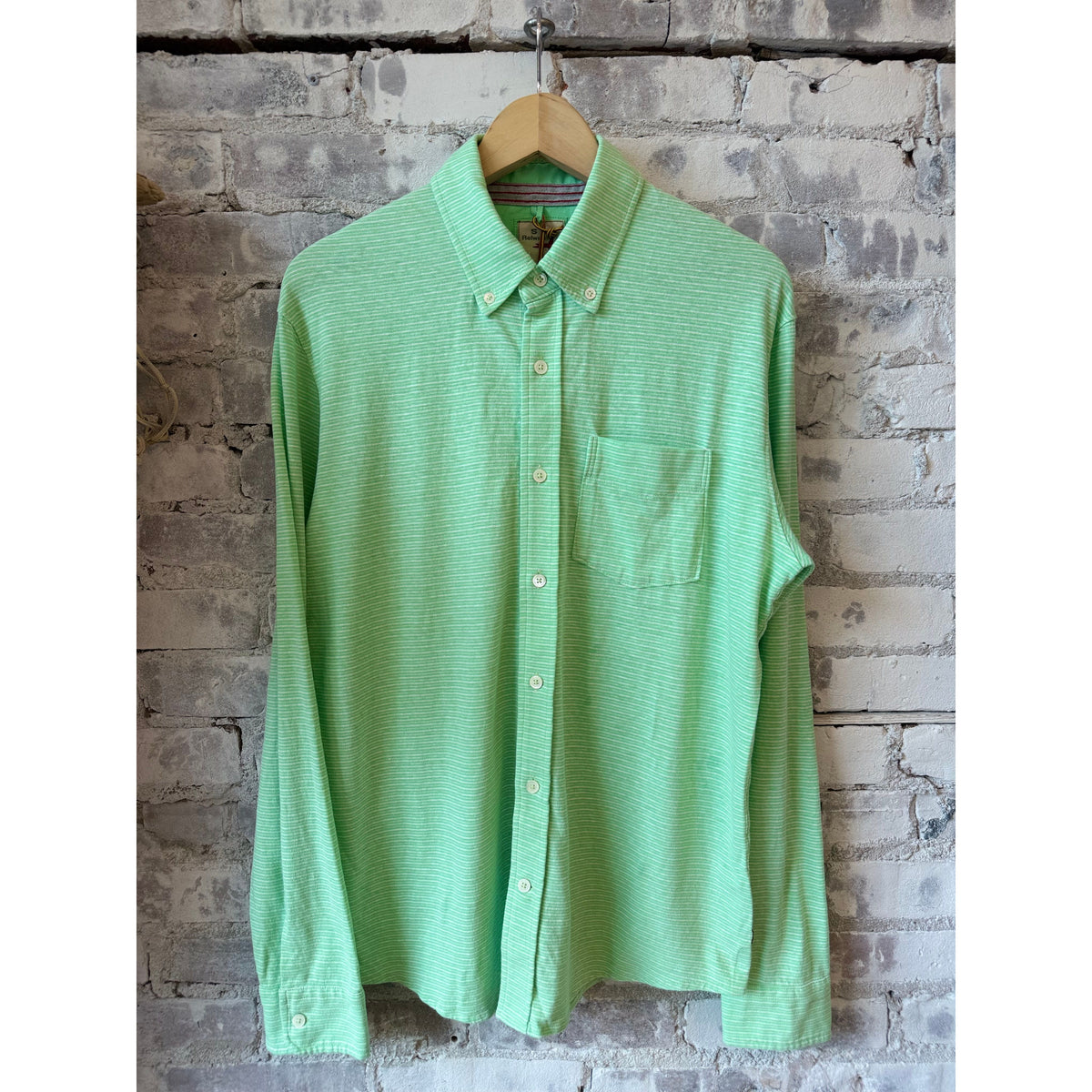 Men's hemp stripe buttondown shirt in mint and white from Relwen, featuring a classic collar and button-front design.