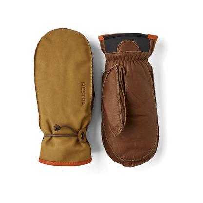 Men's Hestra Wakayama Mitt in cork and brown leather, showing the insulated, soft interior and durable exterior design.