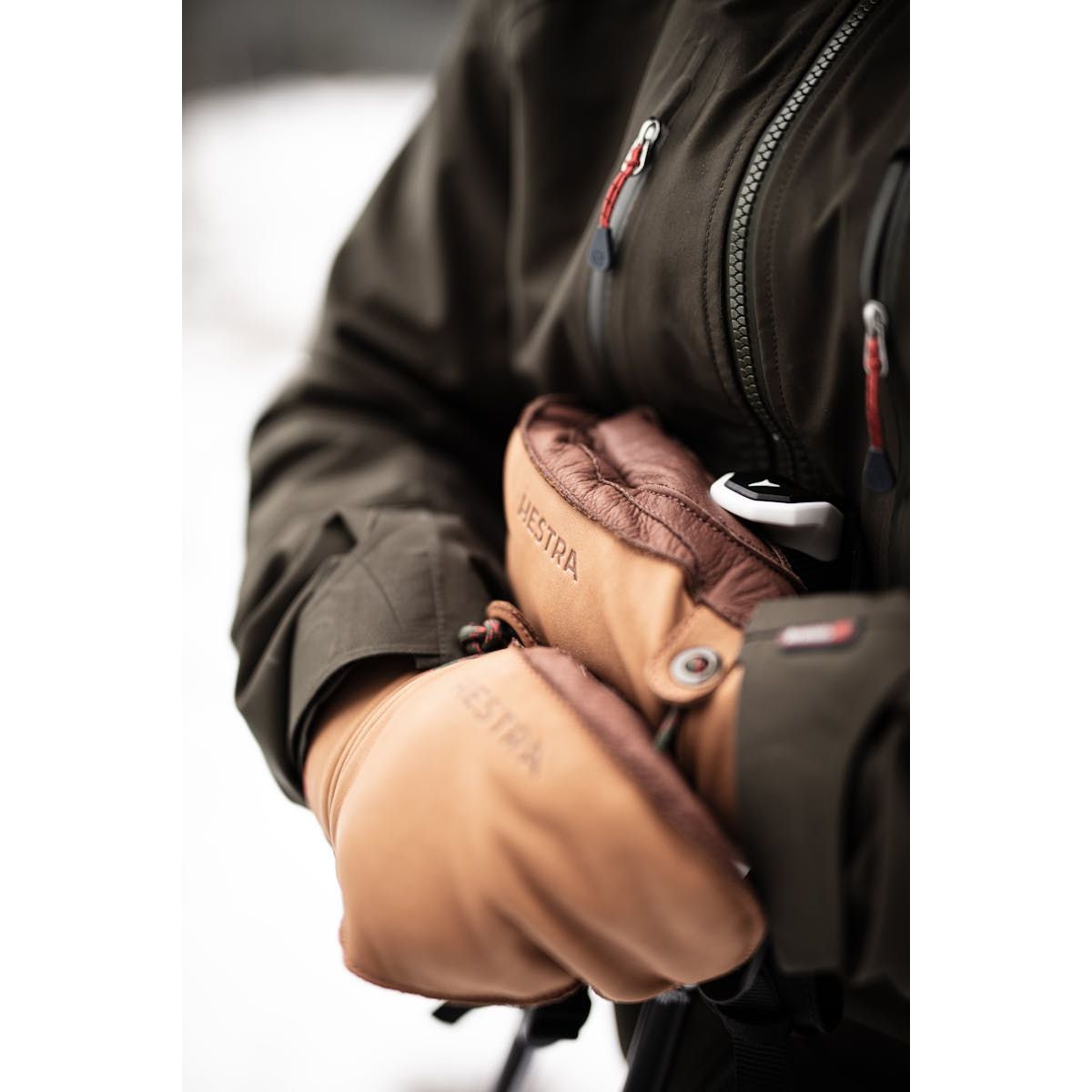 Men's Hestra Wakayama Mitt in cork and brown leather with soft lining, designed for warmth and durability.