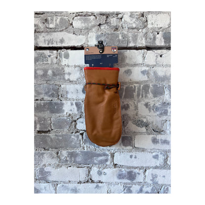 Men's Hestra Wakayama Mitt in cork and brown leather, showing the textured exterior and cozy interior lining.