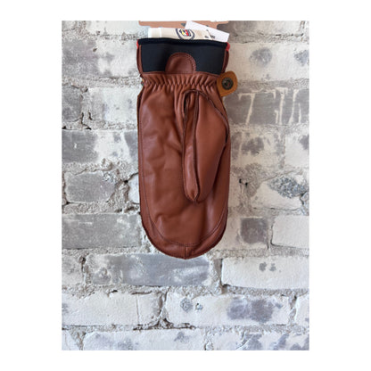 Men's Hestra Wakayama Mitt in cork and brown leather, showing the insulated interior and durable exterior design.