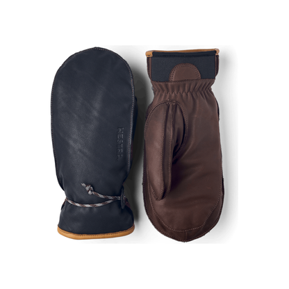 Men's Hestra Wakayama Mitt in navy and brown leather, featuring durable stitching and a cozy lining.