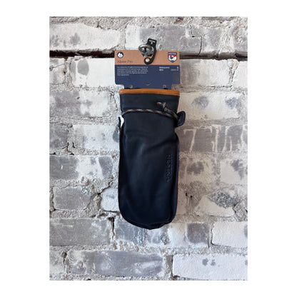 Men's Hestra Wakayama Mitt in navy and brown leather, showing the warm, insulated interior and durable exterior for outdoor winter use.