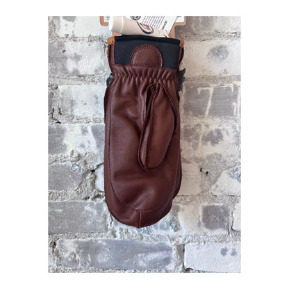 Men's Hestra Wakayama Mitt in navy and brown, showing the insulated, leather-lined glove with detailed stitching.