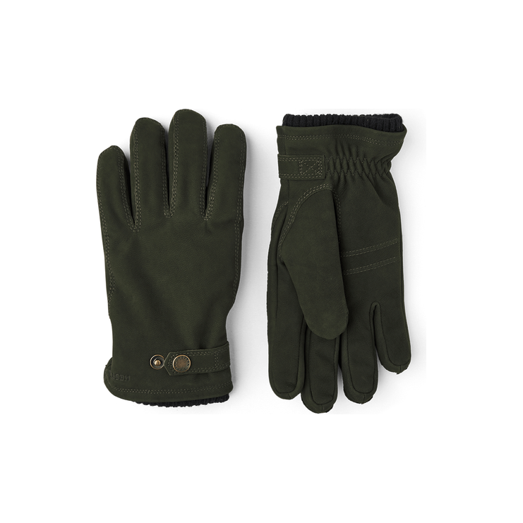 Men's Bergvik Glove in bottle green by Hestra, showing close-up of soft leather exterior and detailed stitching.