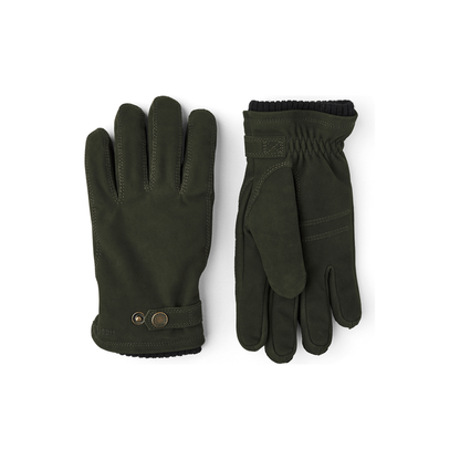 Men's Bergvik Glove in bottle green by Hestra, showing close-up of soft leather exterior and detailed stitching.